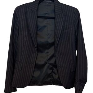 Theory Black Pinstripe Blazer Fitted Size 0 Office Classic Cotton/Wool Blend